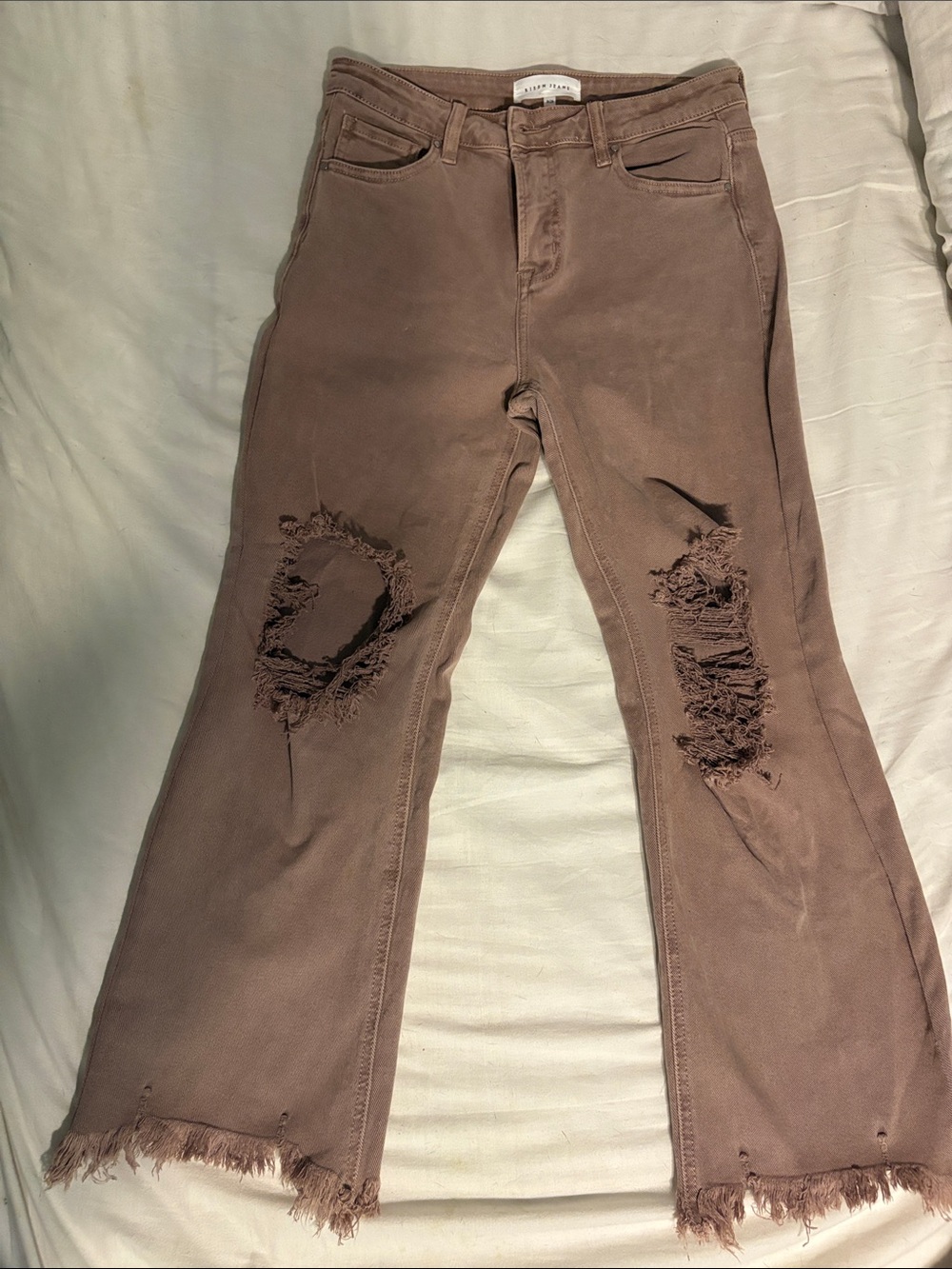 High-Rise Distressed Flare Jeans — Brown